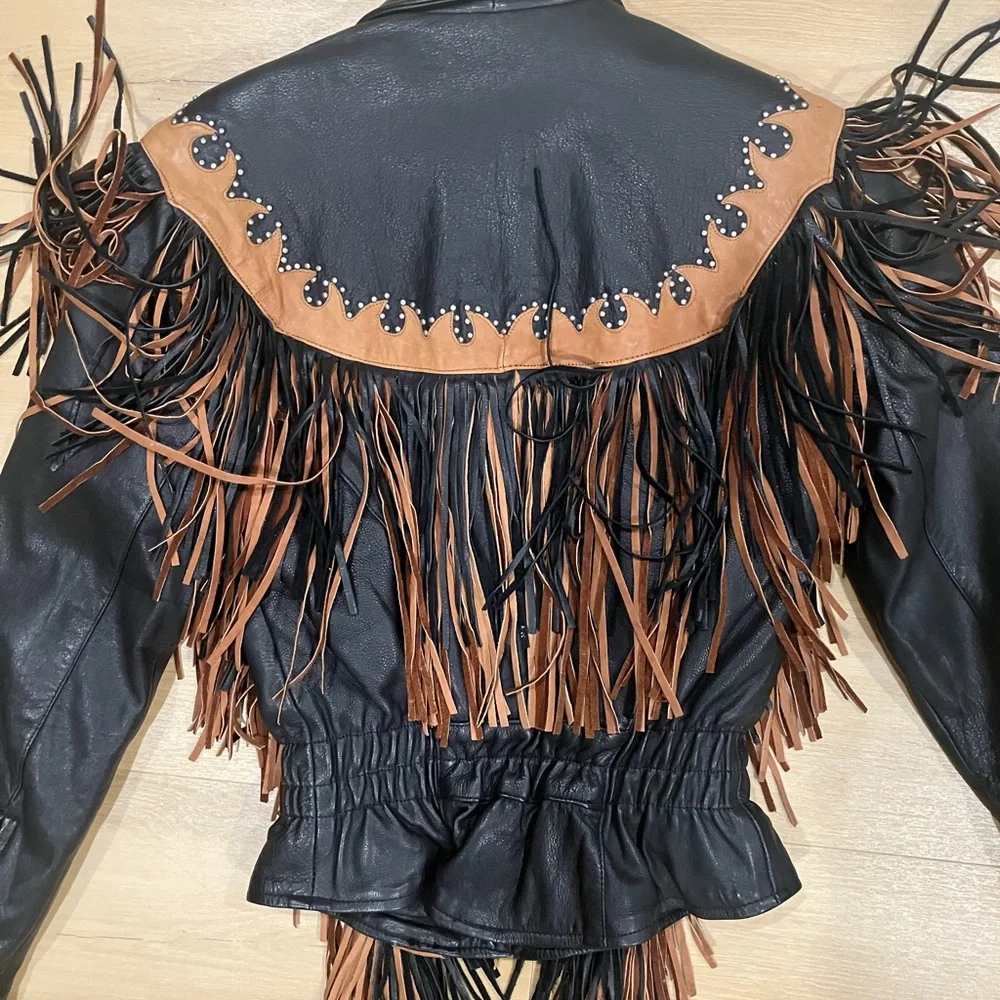 Black and Brown Fringe Leather Jacket - Picture 4 of 5
